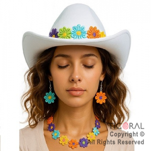 SET DISFRAZ PRIMAVERAL CON SOMBRERO BLANCO COLLAR Y ARITOS CON FLORES